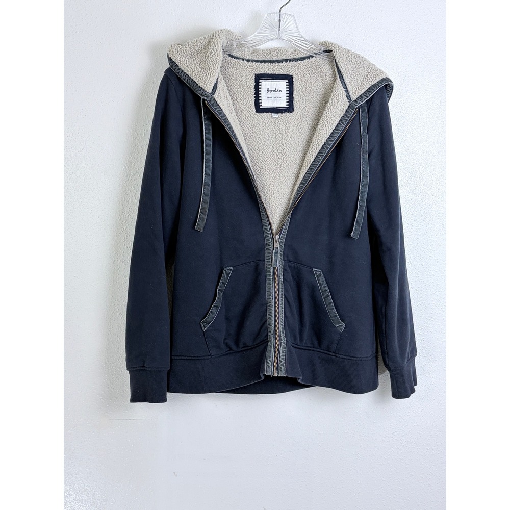 Boden Navy Blue Borg Lined Hoodie Velvet Trim Full Zip US 10